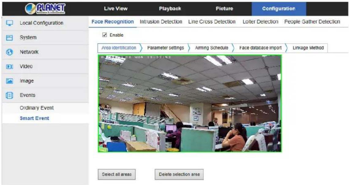 PLANET Streaming & Communication Live View Playback Picture Configuration Local Configuration System Network Video Image Events Ordinary Event Smart Event Face Recognition Intrusion Detection Line Cross Detection Lolter Detection People Gather Detection Enable Area identification Parameter settings Aming Schedule Face database import Linkage Method Select all areas Delete selection area