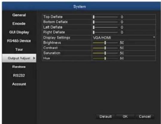 System General Encode GUI Display RS485 Device Tour Output Adjust > Restore RS232 Account Top Deflate Bottom Deflate Left Deflate Right Deflate Display Settings VGA/HDMI Brightness 50 Contrast 50 Saturation 50 Hus 50 Default OK Cancel