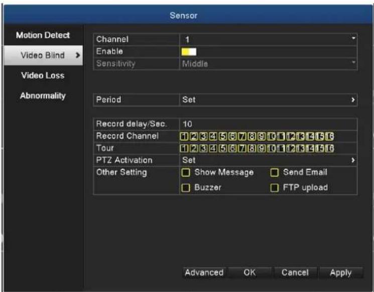 Sensor Motion Detect Video Blind > Video Loss Abnormality Channel 1 Enable Sensitivity Middle Period Set Record delay/Sec. 10 Record Channel 12345678901123456 Tour 12345678901123456 PTZ Activation Set Other Setting Show Message Send Email Buzzer FTP upload Advanced OK Cancel Apply