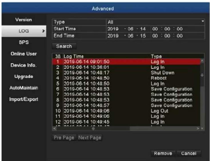 Advanced Version LOG > BPS Online User Device Info. Upgrade AutoMaintain Import/Export Type All Start Time 2019 - 06 - 14 00 : 00 : 00 End Time 2019 - 06 - 15 00 : 00 : 00 Search 38 Log Time Type 1 2019-06-14 09:01:50 Log In 2 2019-06-14 10:36:01 Log In 3 2019-06-14 10:48:17 Shut Down 4 2019-06-14 10:48:50 Raboct 5 2019-06-14 10:48:50 Log In 6 2019-06-14 10:48:53 Save Configuration 7 2019-06-14 10:48:53 Save Configuration 8 2019-06-14 10:48:53 Save Configuration 9 2019-06-14 10:48:57 Save Configuration 10 2019-06-14 10:49:06 Log Out 11 2019-06-14 10:49:06 Log In 12 2019-06-14 10:49:45 Log In Pre Page Next Page Remove Cancel