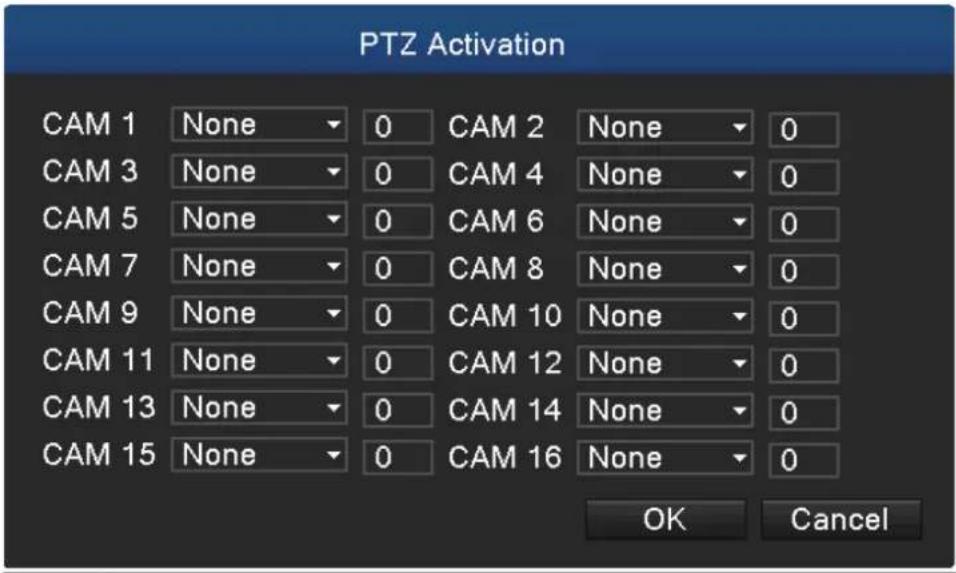 PTZ Activation CAM 1 None 0 CAM 2 None 0 CAM 3 None 0 CAM 4 None 0 CAM 5 None 0 CAM 6 None 0 CAM 7 None 0 CAM 8 None 0 CAM 9 None 0 CAM 10 None 0 CAM 11 None 0 CAM 12 None 0 CAM 13 None 0 CAM 14 None 0 CAM 15 None 0 CAM 16 None 0 OK Cancel