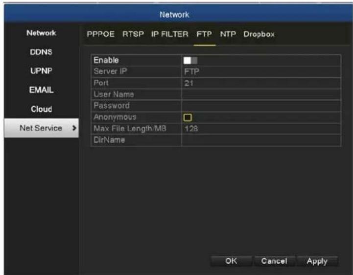 Network Network PPPOE RTSP IP FILTER FTP NTP Dropbox DDNS UPNP EMAIL Cloud Net Service > Enable Server IP FTP Port 21 User Name Password Anonymous Max File Length/MB 128 DirName OK Cancel Apply