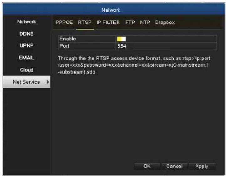Network Network PPPOE RTSP IP FILTER FTP NTP Dropbox DDNS Enable UPNP Port 554 EMAIL Through the the RTSP access device format, such as:rtsp://ip:port/user=xxx&password=xxx&channel=xx&stream=x(0-mainstream;1-substream).sdp Cloud Net Service > OK Cancel Apply