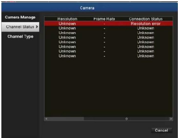 Camera Camera Manage Channel Status > Channel Type Resolution Frame Rate Connection Status Unknown - Resolution error Unknown - Unknown Unknown - Unknown Unknown - Unknown Unknown - Unknown Unknown - Unknown Unknown - Unknown Unknown - Unknown Unknown - Unknown < + > Cancel