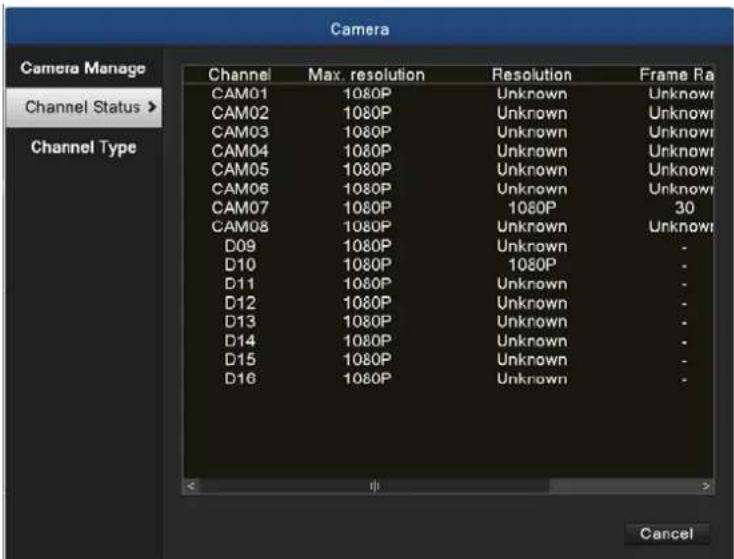 Camera Camera Manage Channel Status > Channel Type Channel Max. resolution Resolution Frame Ra CAM01 1080P Unknown Unknown CAM02 1080P Unknown Unknown CAM03 1080P Unknown Unknown CAM04 1080P Unknown Unknown CAM05 1080P Unknown Unknown CAM06 1080P Unknown Unknown CAM07 1080P 1080P 30 CAM08 1080P Unknown Unknown D09 1080P Unknown - D10 1080P 1080P - D11 1080P Unknown - D12 1080P Unknown - D13 1080P Unknown - D14 1080P Unknown - D15 1080P Unknown - D16 1080P Unknown - < Off > Cancel