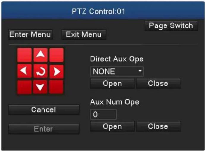 PTZ Control:01 Enter Menu Exit Menu Page Switch Direct Aux Ope NONE Open Close Aux Num Ope 0 Open Close Cancel Enter
