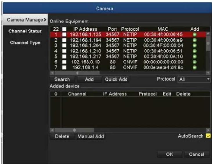 Camera Camera Manage > Online Equipment Channel Status Channel Type 22 IP Address Port Protocol MAC Add 1 192.168.1.125 34567 NETIP 00:30:4f:00:06:45 2 192.168.1.194 34567 NETIP 00:30:4f:00:06:e9 3 192.168.1.204 34567 NETIP 00:30:4F:00:05:04 4 192.168.1.210 34567 NETIP 00:30:4f:00:06:51 5 192.168.1.217 34567 NETIP 00:30:4f:00:0A:10 6 192.168.0.19 80 ONVIF 00:00:00:00:00:00 7 192.168.1.4 80 ONVIF 00:0e:ae:a4:d4:8c Search Add Quick Add Protocol All Added device 0 Channel IP Address Protocol Edit Delete Delete Manual Add AutoSearch OK Cancel