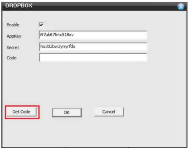 DROPBOX Enable ✓ AppKey i97uk67tmx518xv Secret hx302bw2ynyrfdx Code Get Code OK Cancel