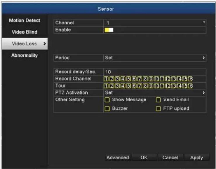 Sensor Motion Detect Video Blind Video Loss > Abnormality Channel 1 Enable Period Set Record delay/Sec. 10 Record Channel 1234567890123456 Tour 1234567890123456 PTZ Activation Set Other Setting Show Message Send Email Buzzer FTP upload Advanced OK Cancel Apply