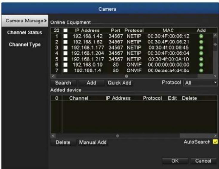 Camera Camera Manage > Online Equipment 22 IP Address Port Protocol MAC Add Channel Status 1 192.168.1.42 34567 NETIP 00:30:4F:00:06:12 Channel Type 2 192.168.1.62 34567 NETIP 00:30:4F:00:06:21 3 192.168.1.177 34567 NETIP 00:30:4f:00:06:45 4 192.168.1.204 34567 NETIP 00:30:4F:00:06:04 5 192.168.1.217 34567 NETIP 00:30:4f:00:0A:10 6 192.168.0.19 80 ONVIF 00:00:00:00:00:00 7 192.168.1.4 80 ONVIF 00:0e:ae:a4:d4:8c Search Add Quick Add Protocol All Added device 0 Channel IP Address Protocol Edit Delete Delete Manual Add AutoSearch OK Cancel