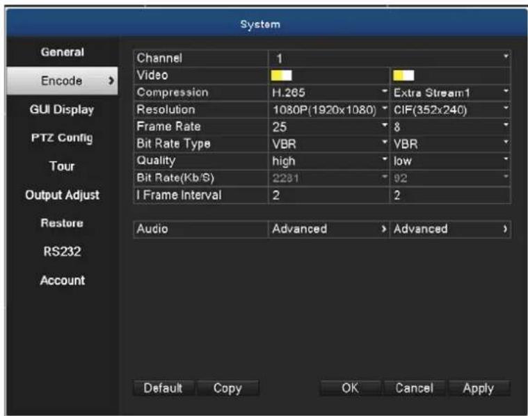 System General Encode > GUI Display PTZ Config Tour Output Adjust Restore RS232 Account Channel 1 Video Compression H.265 Extra Stream1 Resolution 1080P(1920x1080) CIF(352x240) Frame Rate 25 8 Bit Rate Type VBR VBR Quality high low Bit Rate(Kb/S) 2281 92 I Frame Interval 2 2 Audio Advanced > Advanced > Default Copy OK Cancel Apply