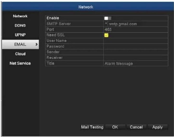 Network Enable DDNS UpNP EMAIL > Cloud Net Service SmTP Server smtp.gmail.com Port 465 Need SSL User Name Password Sender Receiver Title Alarm Message Mail Testing OK Cancel Apply