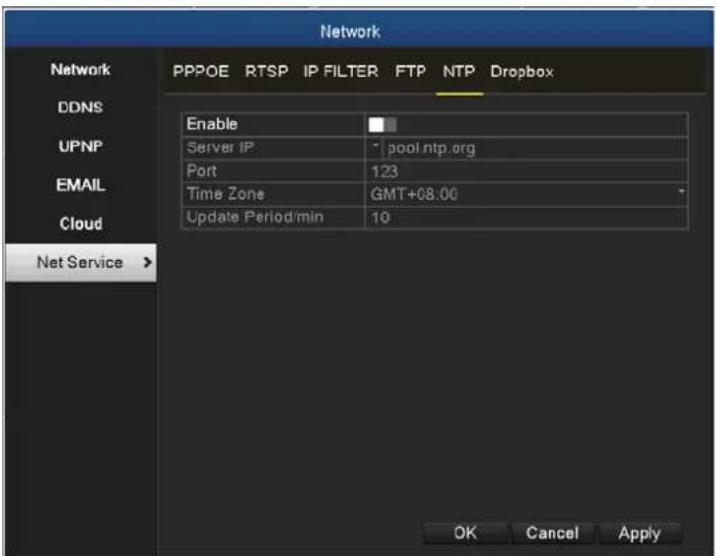 Network Network PPPOE RTSP IP FILTER FTP NTP Dropbox DDNS UPNP EMAIL Cloud Net Service > Enable Server IP pool.ntp.org Port 123 Time Zone GMT+08.00 Update Period/min 10 OK Cancel Apply