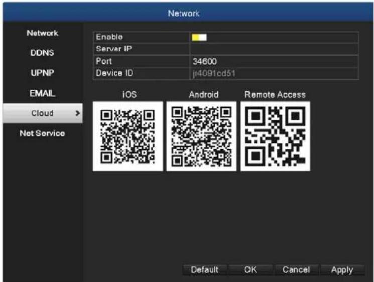 Network Enable Server IP Port 34600 Device ID j4091cd51 EMAIL Cloud > Net Service iOS Android Remote Access Default OK Cancel Apply