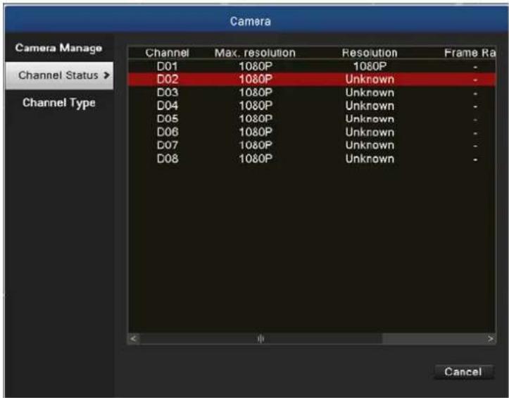 Camera Camera Manage Channel Status > Channel Type Channel Max. resolution Resolution Frame Ra D01 1080P 1080P - D02 1080P Unknown - D03 1080P Unknown - D04 1080P Unknown - D05 1080P Unknown - D06 1080P Unknown - D07 1080P Unknown - D08 1080P Unknown - Cancel