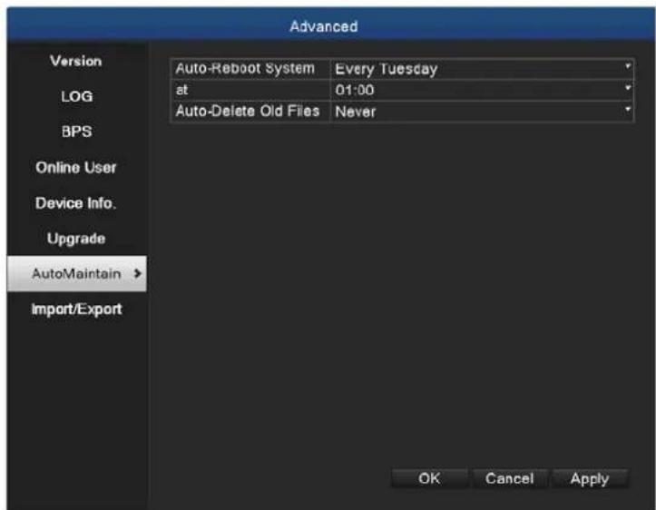 Advanced Version LOG BPS Online User Device Info. Upgrade AutoMaintain > Import/Export Auto-Reboot System Every Tuesday at 01:00 Auto-Delete Old Files Never OK Cancel Apply
