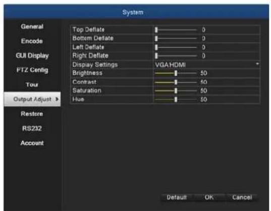 System General Encode GUI Display FTZ Config Tour Output Adjust > Restore RS232 Account Top Deflate Bottom Deflate Left Deflate Right Deflate Display Settings VGAHDMI Brightness 50 Contrast 50 Saturation 50 Hue 50 Default OK Cancel