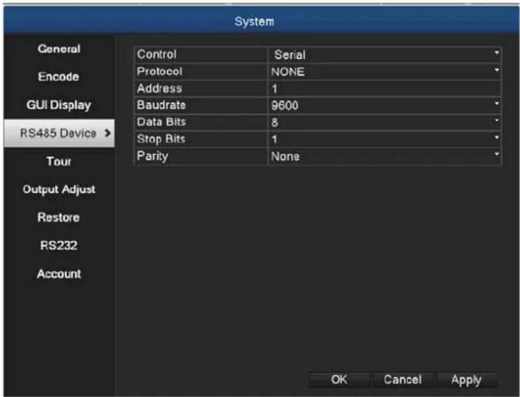System General Encode GUI Display RS485 Device > Tour Output Adjust Restore RS232 Account Control Serial Protocol NONE Address 1 Baudrate 9600 Data Bits 8 Stop Bits 1 Parity None OK Cancel Apply