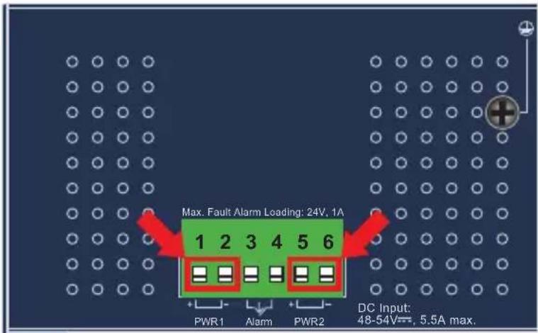Max. Fault Alarm Loading: 24V, 1A 1 2 3 4 5 6 PWR1 Alarm PWR2 DC Input: 48-54V=, 5.5A max.