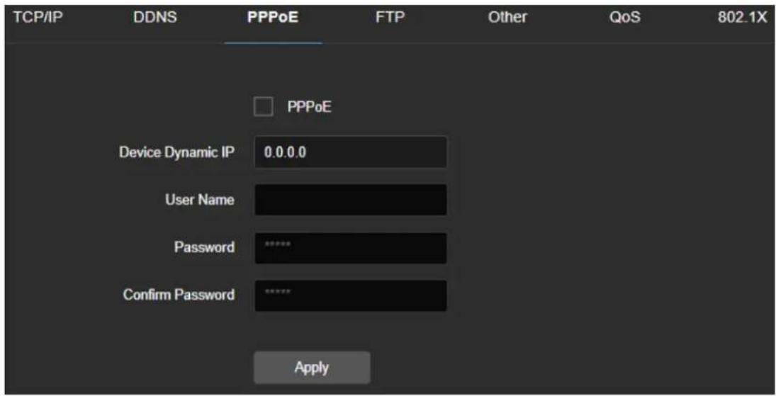 TCP/IP DDNS PPPoE FTP Other QoS 802.1X □ PPPoE Device Dynamic IP 0.0.0.0 User Name Password ****** Confirm Password ****** Apply