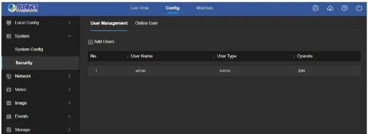 PLANET Local Config > System System Config Security Network > Video > Image > Events > Storage Live View Config Maintain User Management Online User Add Users No User Name User Type Operate 1 admin Admin Edit