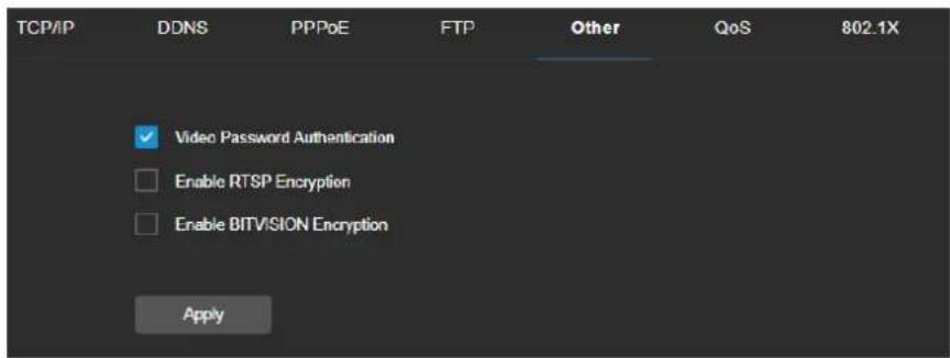 TCP/IP DDNS PPPoE FTP Other QoS 802.1X ✓ Video Password Authentication □ Enable RTSP Encryption □ Enable BITVISION Encryption Apply