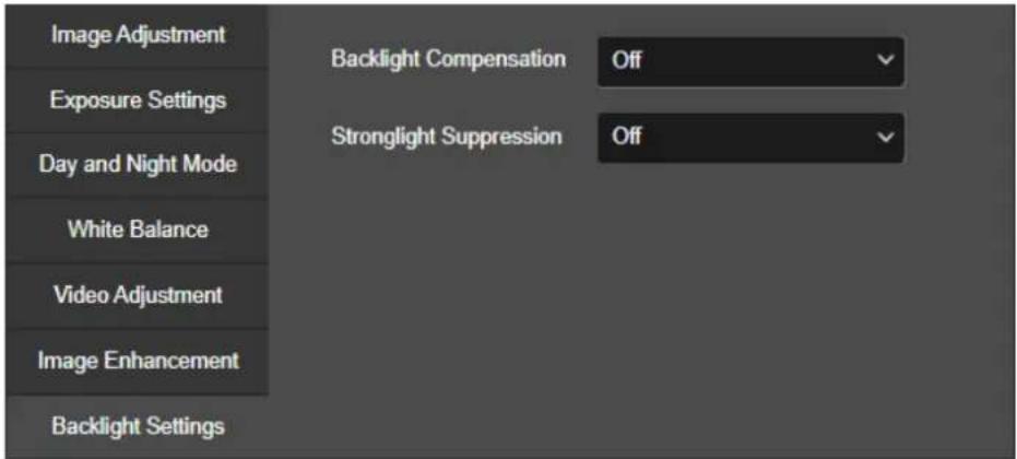 Image Adjustment Exposure Settings Day and Night Mode White Balance Video Adjustment Image Enhancement Backlight Settings Backlight Compensation Off Stronglight Suppression Off