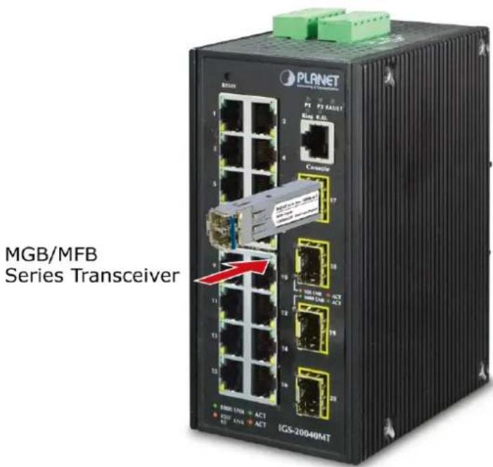 Planet IGS-6329-8UP2S2X - Installing the SFP Transceiver - 2