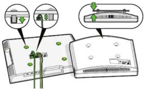 Diagram showing device connection with green pins and arrows indicating assembly or repair steps
