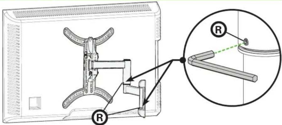 Technical diagram showing a mechanical assembly with labeled components R, including a magnified inset of the component's view.