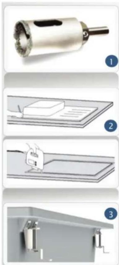 Diagram showing four steps of a mechanical assembly: wire installation, filing, mounting, and mounting bracket installation.