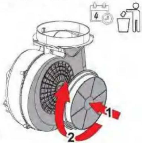 Diagram of a mechanical device with labeled parts and directional arrows indicating flow or movement, accompanied by a calendar icon and trash bin.
