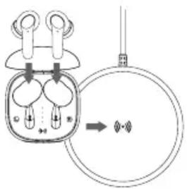 Diagram showing earbuds with labeled components and directional arrow indicating sound or signal flow
