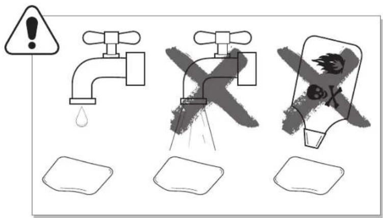 Safety warning illustration showing three water faucet symbols: water drop, cross-shaped valve, and shield with explosion symbol