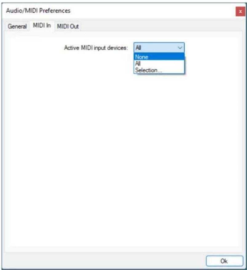 Audio/MIDI Preferences General MIDI In MIDI Out Active MIDI input devices: All None All Selection...
