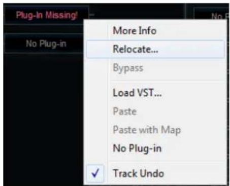 Plug-In Missing! No Plug-in More Info Relocate... Bypass Load VST... Paste Paste with Map No Plug-in ✓ Track Undo