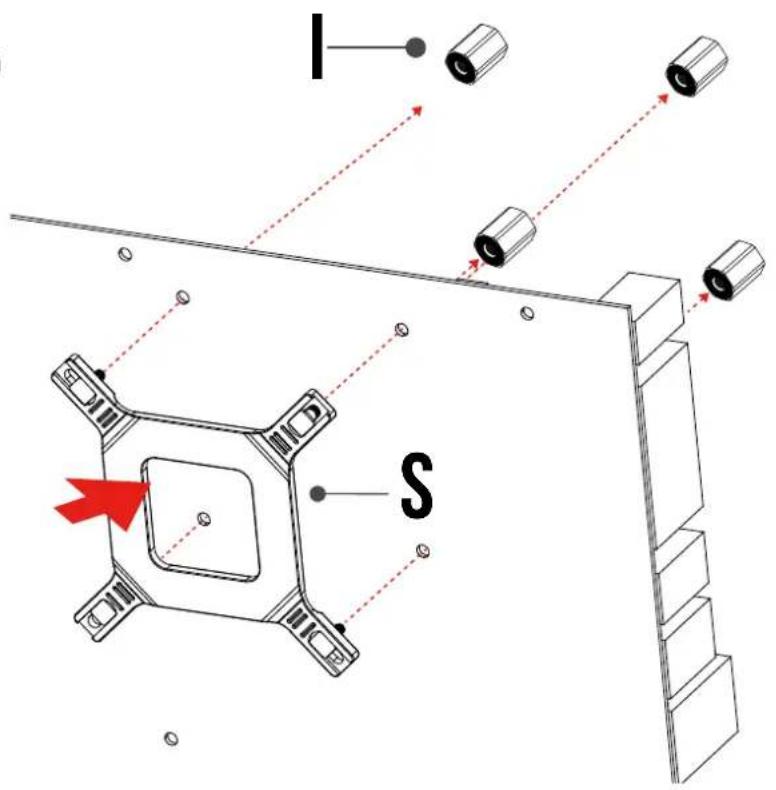 Technical diagram showing mechanical components with labeled parts and directional arrows, including a red arrow pointing to a component labeled 'S'.