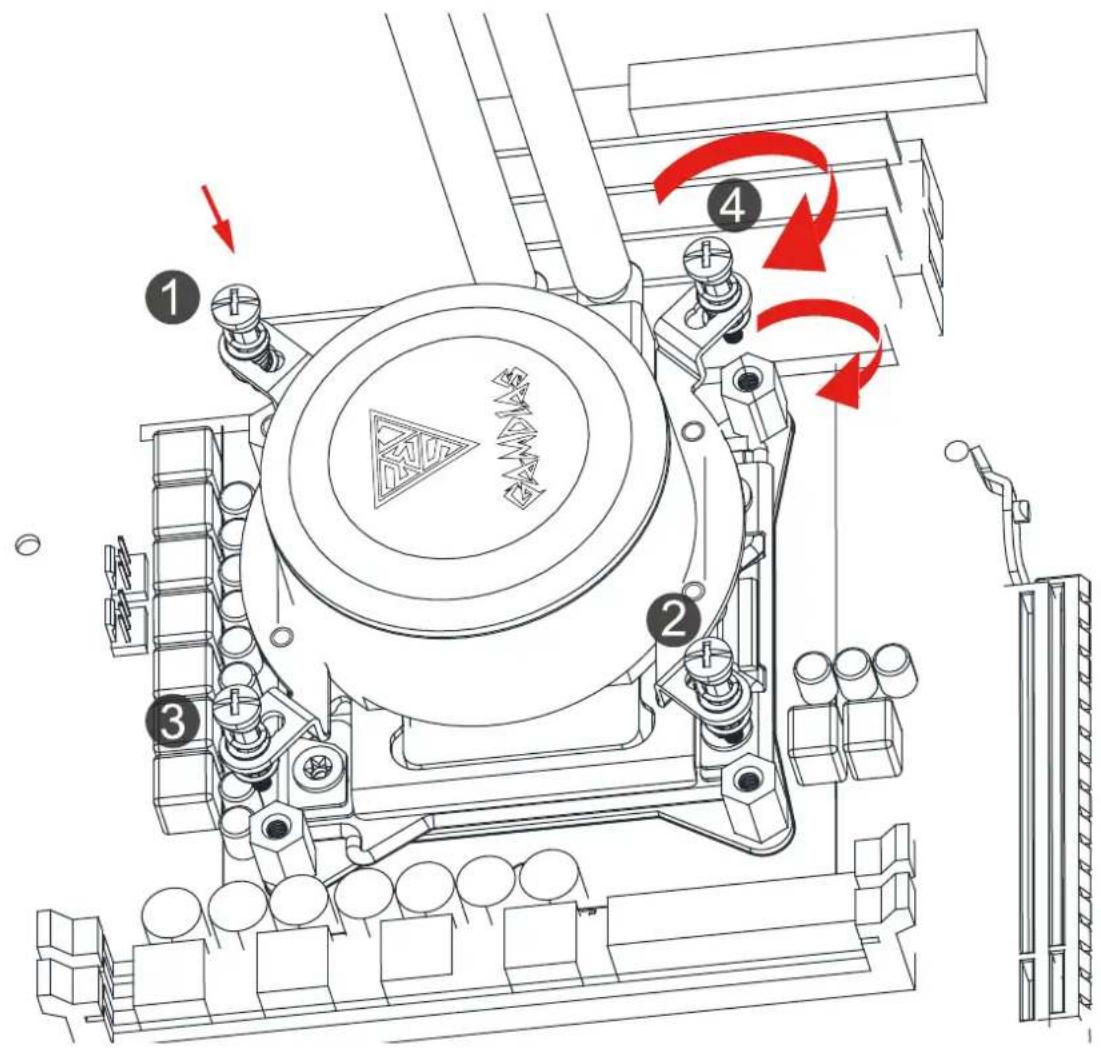 Technical diagram of a mechanical device with numbered components and red directional arrows indicating motion or flow.