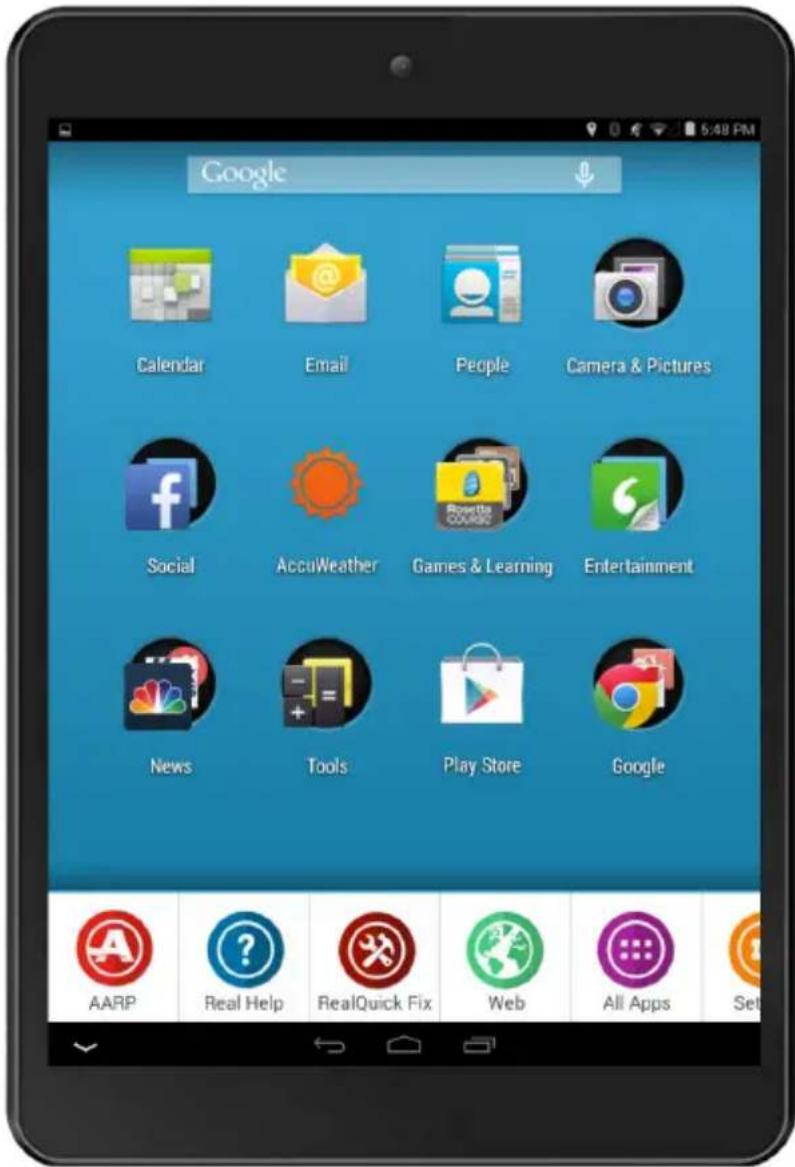 Google Calendar Email People Camera & Pictures Social AccuWeather Games & Learning Entertainment News Tools Play Store Google AARP Real Help RealQuick Fix Web All Apps Set