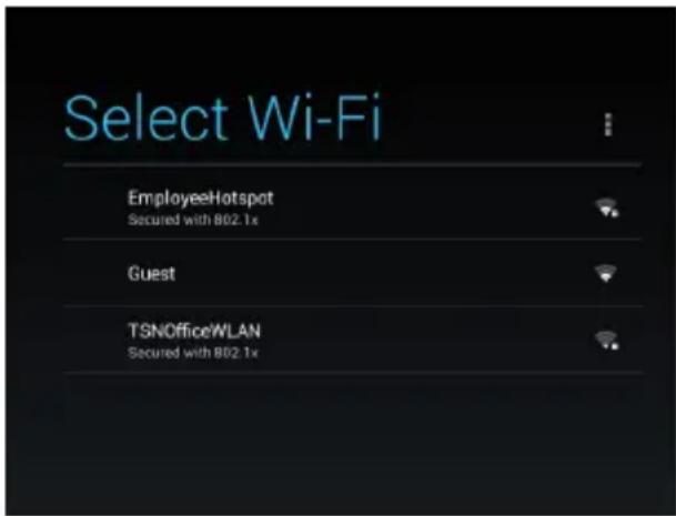 Select Wi-Fi EmployeeHotspot Secured with 802.1x Guest TSNOfficeWLAN Secured with 802.1x