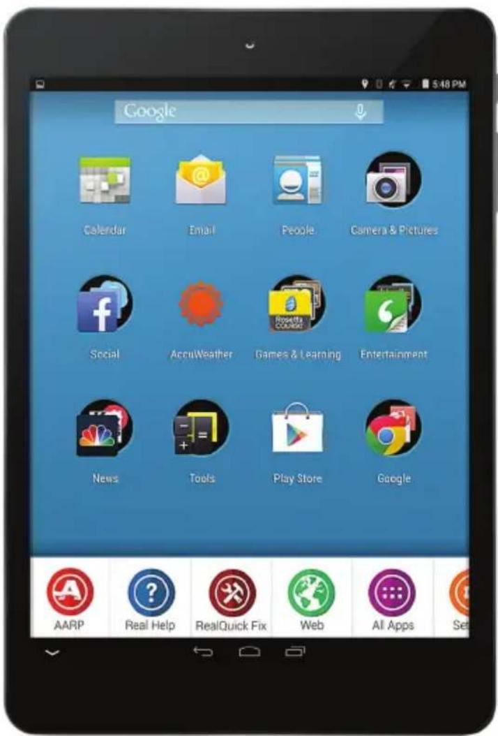 Google Calendar Email People Camera & Pictures Social AccuWeather Games & Learning Entertainment News Tools Play Store Google AARP Real Help RealQuick Fix Web AI Apps Set