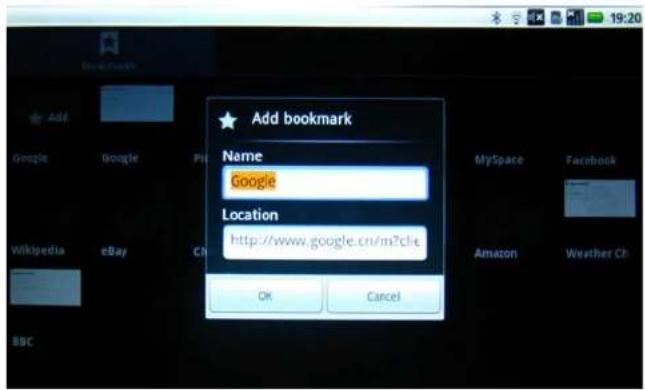 Add bookmark Name Google Location http://www.google.cn/m?cie OK Cancel