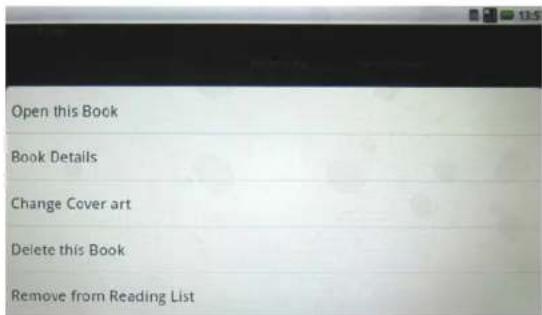 Open this Book Book Details Change Cover art Delete this Book Remove from Reading List