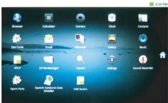4:58 PM Browser Calculator Camera Clock Contacts Dev Tools Email FileHeader Gallery Music NVCP Oil File Manager Search Settings Sound Recorder Spars Parts Speech Synthesis Data Installer USB Switch