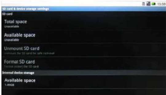 SD card & device storage settings SD card Total space Unavailable Available space Unavailable Unmount SD card Amount the SD card for safe removal Format SD card Format protect the SD card Internal device storage Available space 1.49GB
