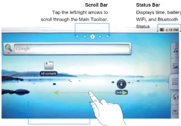 Scroll Bar Tap the left/right arrows to scroll through the Main Toolbar. Google All contacts Set Status Bar Displays time, battery WiFi, and Bluetooth Status 6:18 PM