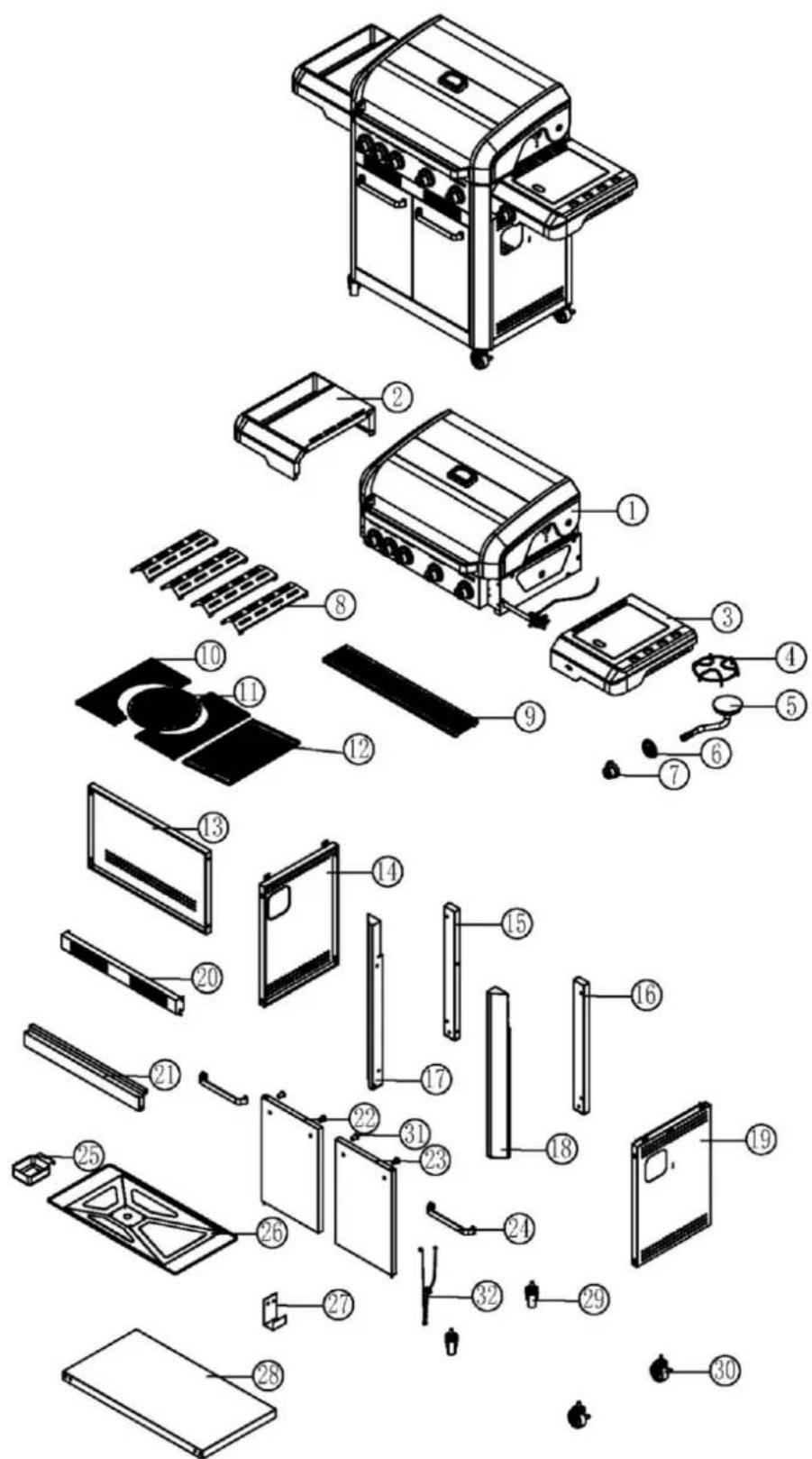 Exploded view diagram of a gas stove with numbered parts for identification