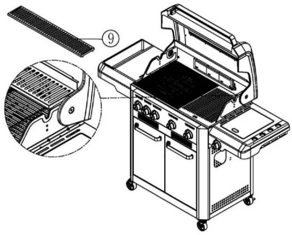 Technical diagram of a portable electric grill with labeled components and exploded view