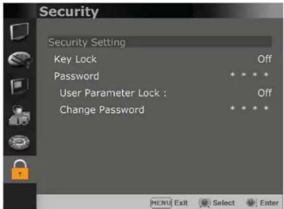Security Security Setting Key Lock Off Password * * * * User Parameter Lock : Off Change Password * * * * * MENU Exit Select Enter