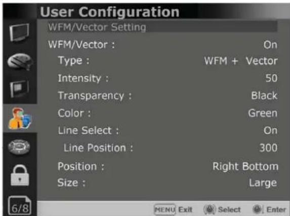 User Configuration WFM/Vector Setting WFM/Vector : On Type : WFM + Vector Intensity : 50 Transparency : Black Color : Green Line Select : On Line Position : 300 Position : Right Bottom Size : Large